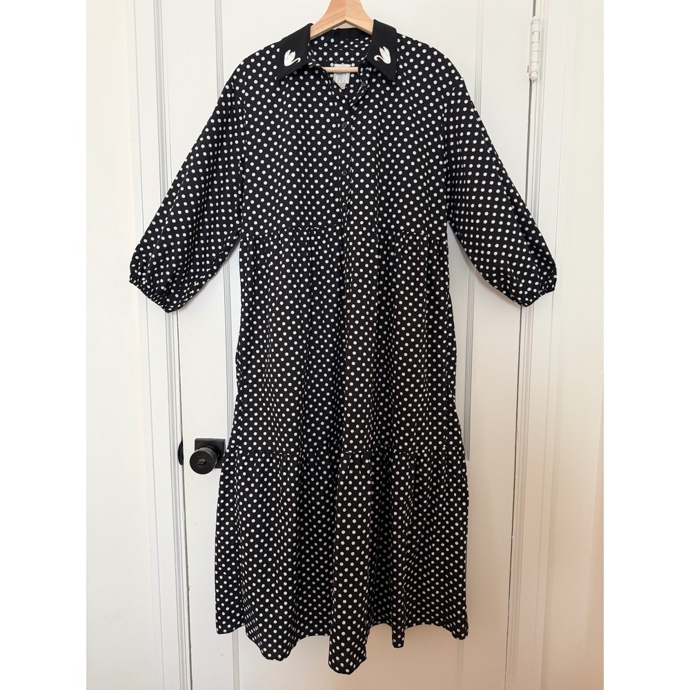 Anthropologie Maeve Bettina Tiered Cotton Midi Dress Polka Dot Swan Size S - Picture 3 of 11